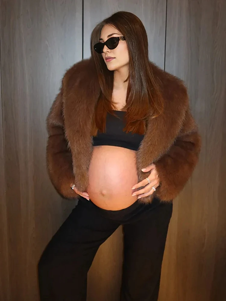 Maternity Faux Fur Crop Coat Brown Short Jacket Pregnancy Photo Outfit Warm Plush Top for Maternity Photo Prop Stylish Stylishly