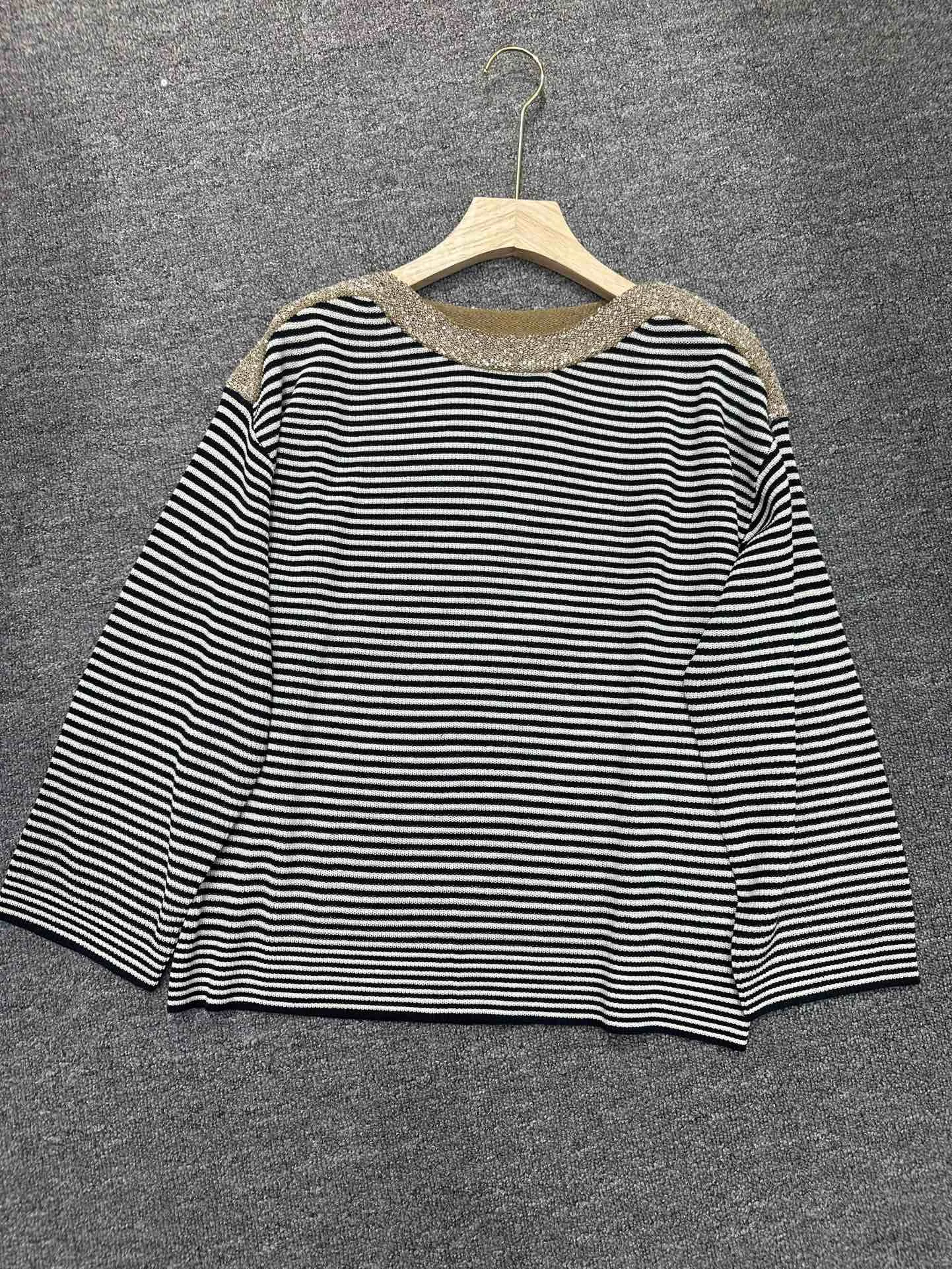 2025 nuevo suéter de punto de alta calidad de manga larga a rayas con lentejuelas y cuello de hombro para mujer suelta