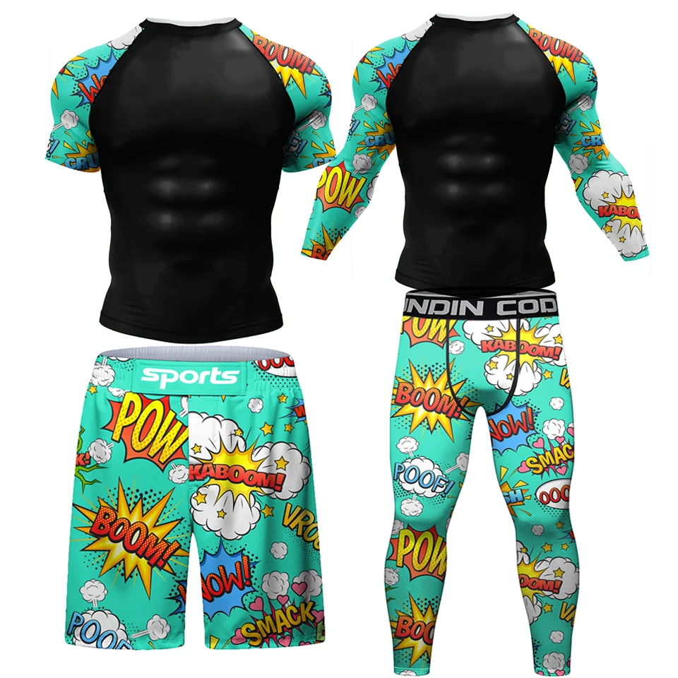 Men MMA Muay Thai Rashguard T Shirt +Shorts Breathable Quick Dry Tees Running Fitness Sports Outdoor Boxing Wrestling Tracksuits