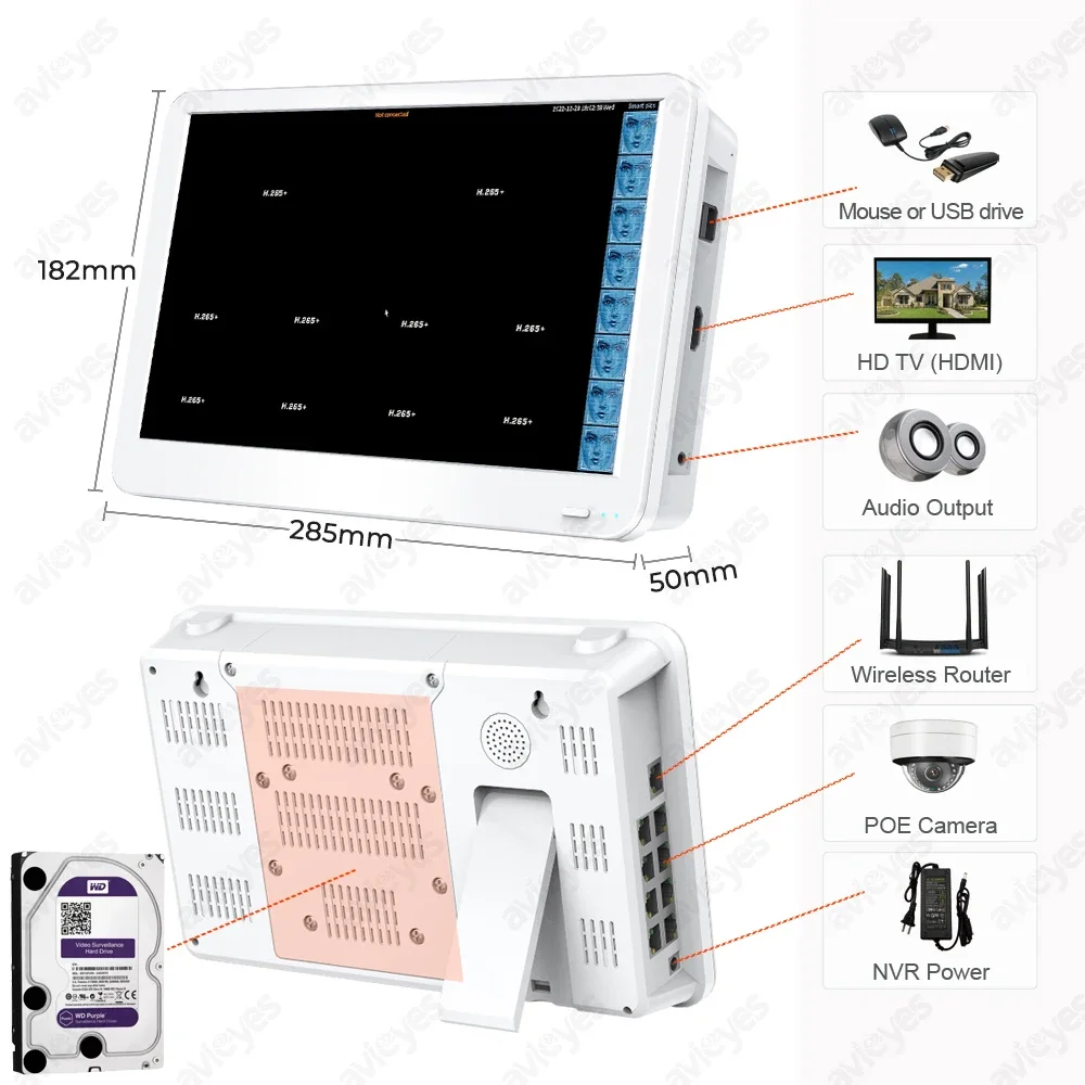 8-kanałowy rejestrator wideo 4K POE z 12-calowym monitorem LCD H.265 Onvif CCTV PoE Sieciowy rejestrator wideo Power Over Ethernet Xmeye 8MP NVR do kamer IP