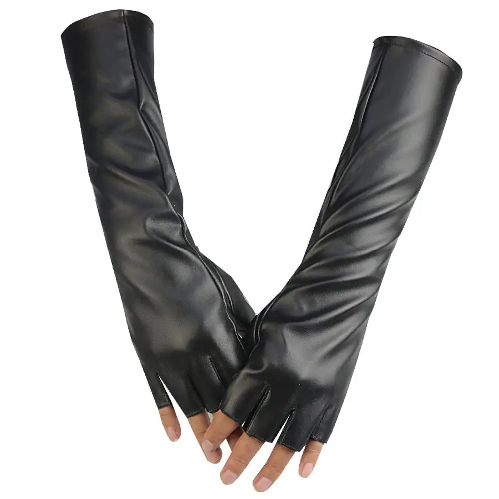 Long PU Leather Fingerless Glove Women's Black Half Finger  Gloves Motorcycle Driving Halloween Gloves Work Club Party Gloves