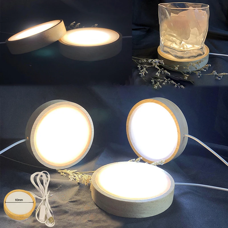 1pc Wood Round LED Night Light Base Art Display Holder USB Lamp for Crystals Glass Ball Resin Art Decoration 100mm