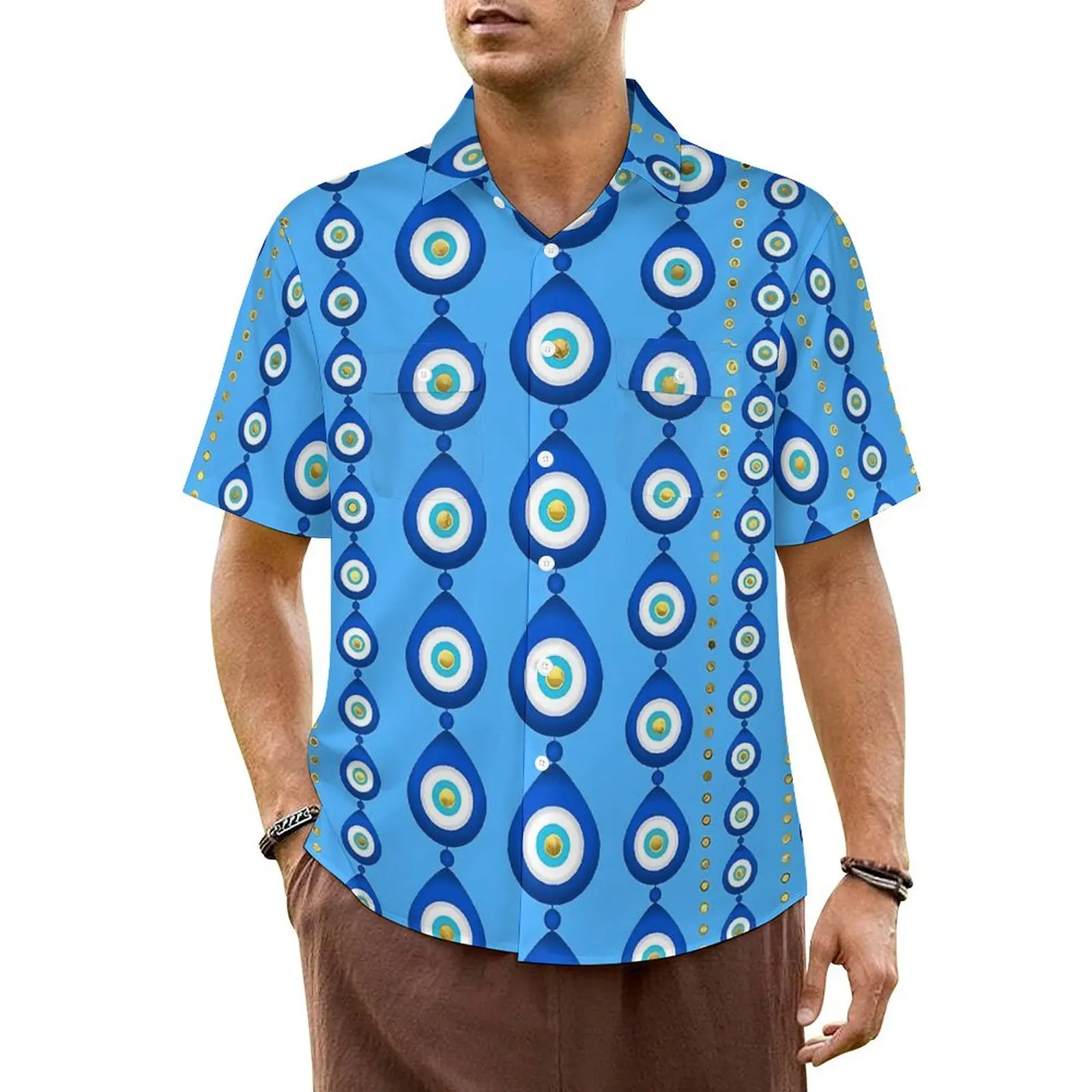 

Hawaiian Shirt Beach Evil Eye Print Blouses Blue And Gold Classic Casual Shirts Men Short-Sleeved Stylish Oversized Top