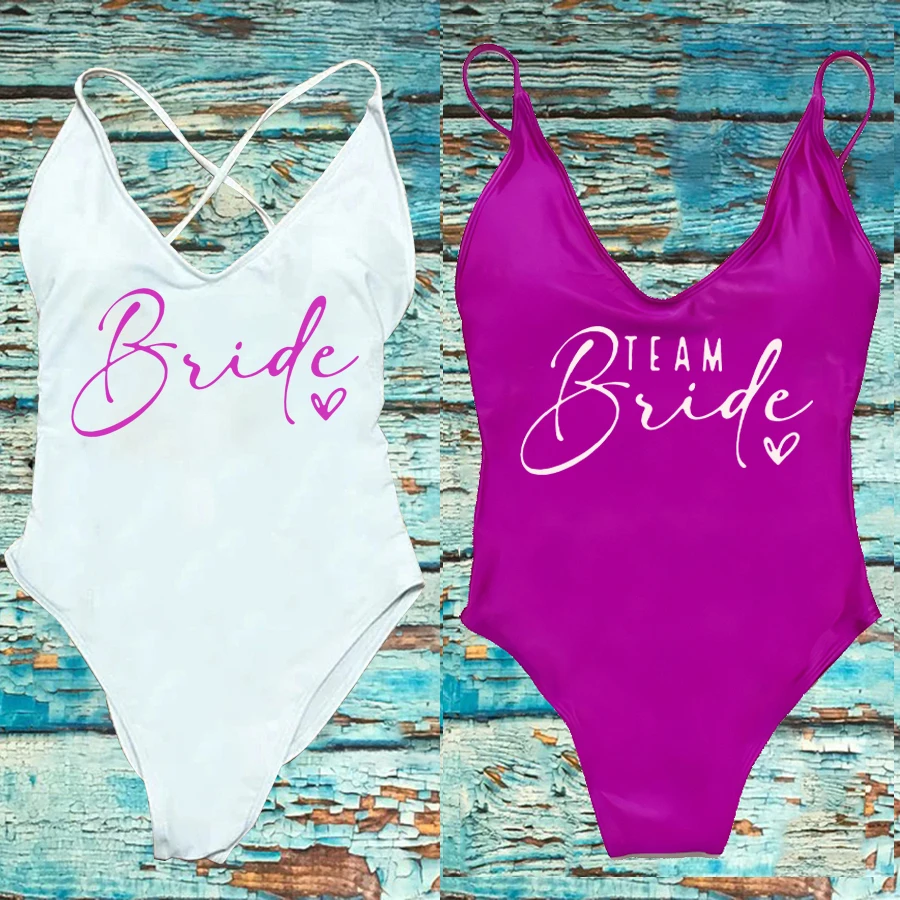 Team Bride ❤ Print Swimsuit Women Sexy Padded One Piece Bathing Suit Swimming Suit Bachelorette Party Swimwear Wedding Beachwear