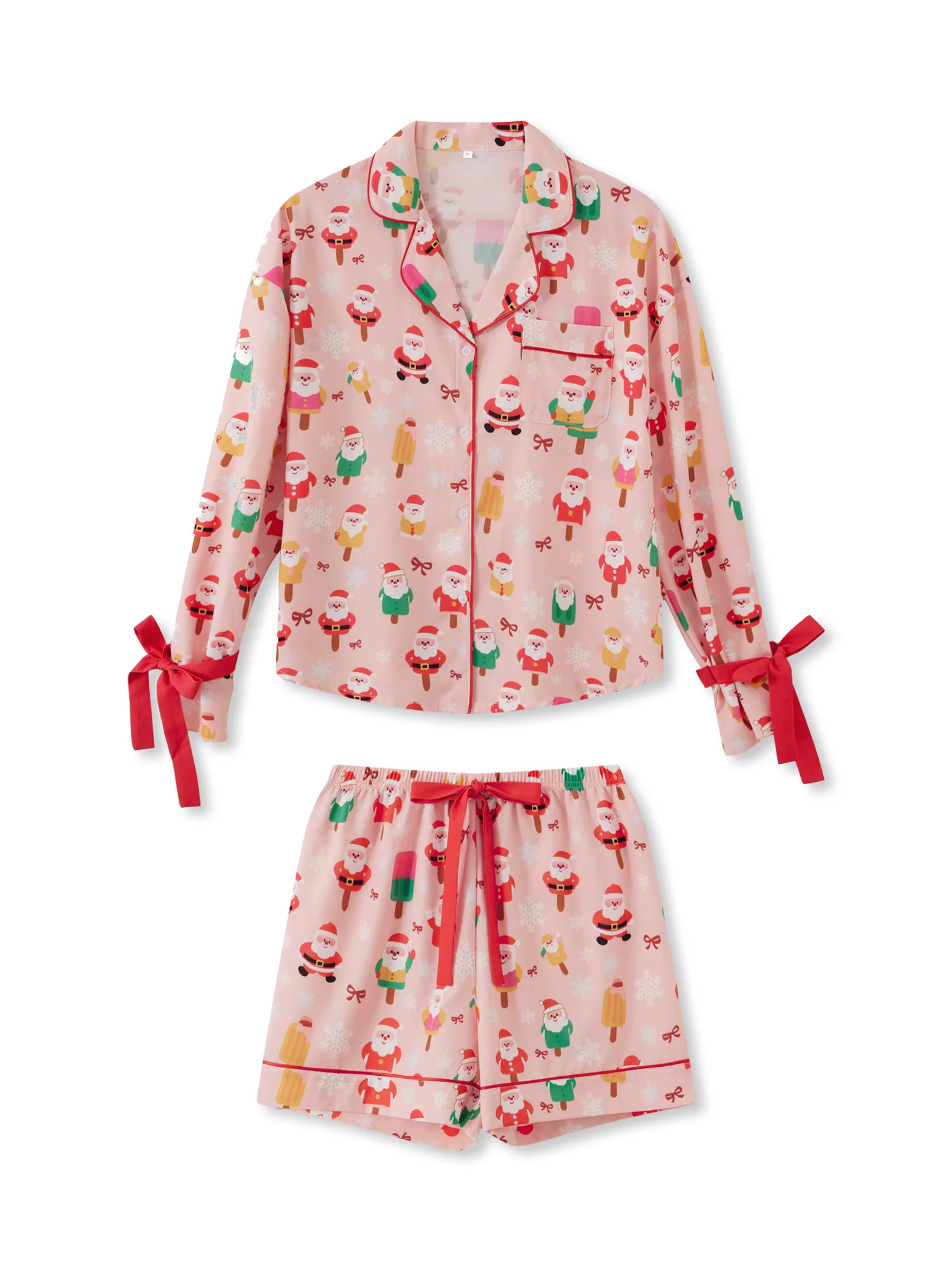 

Women s 2 Piece Christmas Pajama Set with Festive Santa Print Long Sleeve Button-up Top and Elastic Waist Shorts for Ultimate