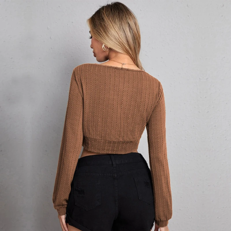 Street Style Brown Crop Top Screw Thread Shirts Elegant Slim Lantern Sleeve Tees 2026 Summer Sexy Deep V-Neck T Shirts Women