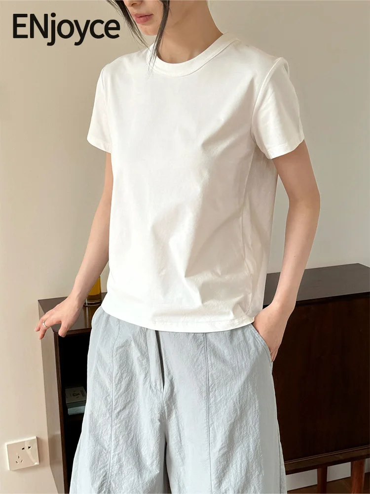 

2024 Summer Women Korean Fashion Simple Skin-friendly Cool T-shirts Casual Round Neck Tees Short Sleeve Top White/Khaki