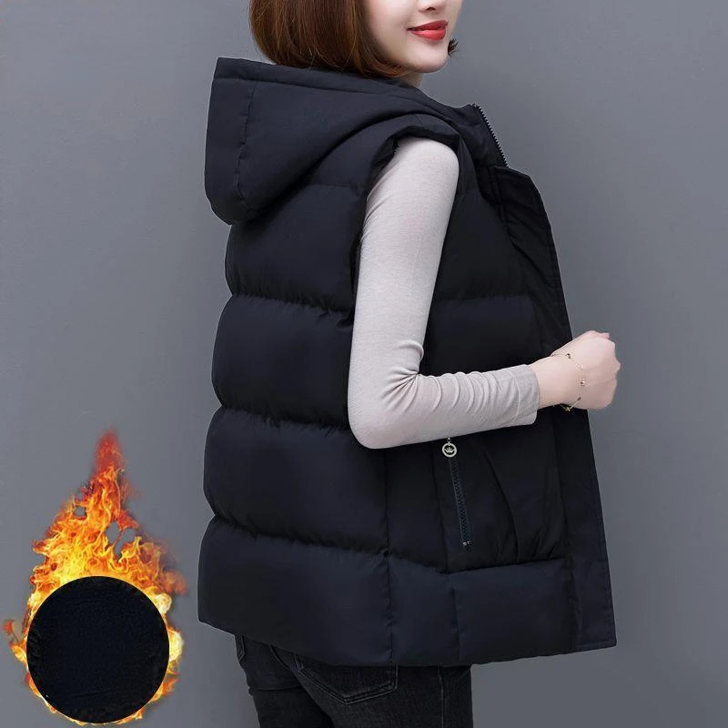 Herfst Winter Dames Vest Fleece Gevoerde Mouwloze Vest Verdikt Warme Capuchon Effen Jack Rits Dons Katoenen Vest