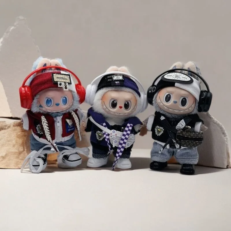 Cool Street Hip Hop Doll Clothing Jacket Cap Headset Accessory Set For 15-17cm Labubu The Monsters Plush Doll Daily Outfit