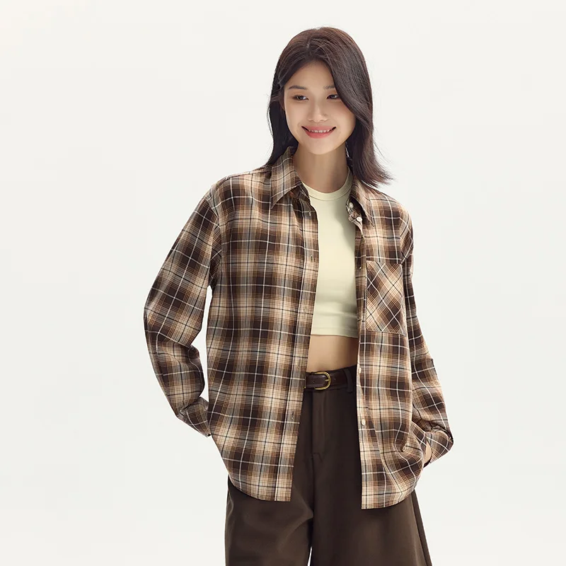 Semir Long Sleeve Shirt Women Medium Length Lazy Loose 2024 Autumn New Retro Plaid Shirt