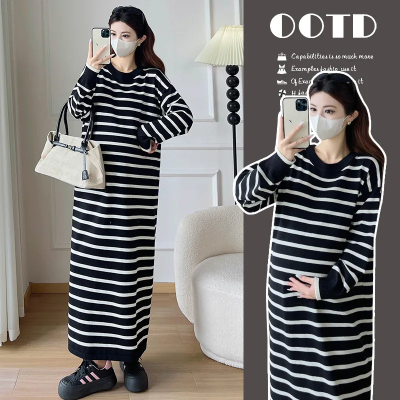 Maternity Dress 2025 Spring Autumn Simple Casual Striped Loose Long Sleeve Round Neck Knit Dress Soft Versatile For Pregnancy