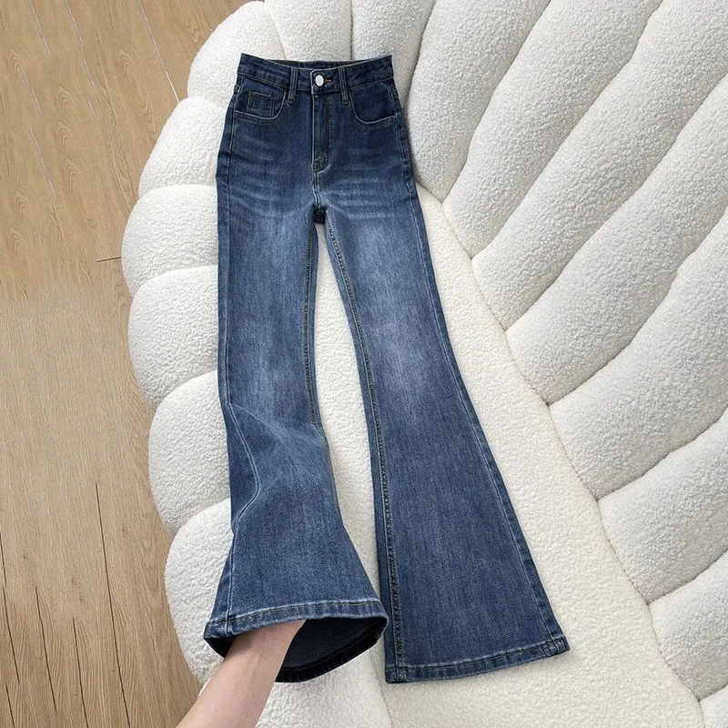 Retro American Denim Jeans Women's High Waist Stretch Slimming Nine Points Flared Pants Cotton Elastic Wear Resistant