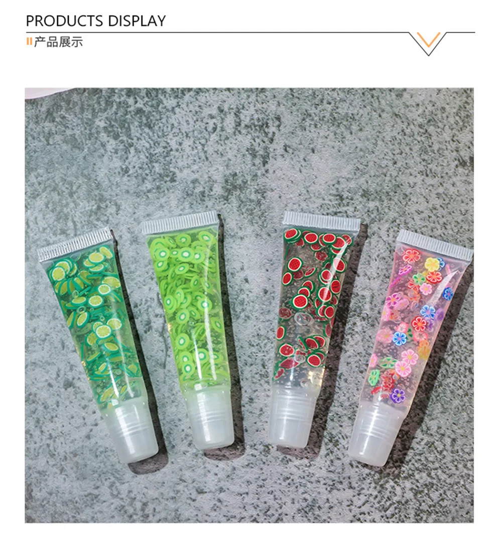 Tube souple de remplissage de tranches de fruits avec logo personnalisé, brillant Jules, antiadhésif, ne se décolore pas, humidité, maquillage, vente en gros, sans cruauté, marque privée, 10ml