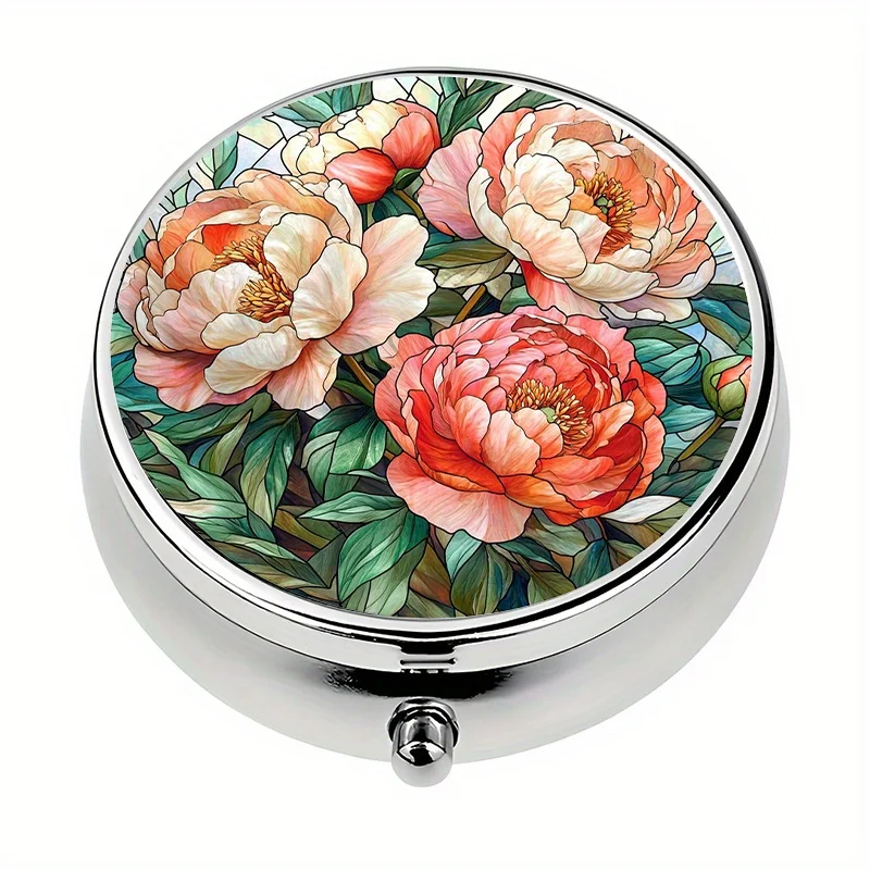 Single pack, travel portable case, 3-compartment peony pill organizer, storage and organization box, unique travel design, flat print