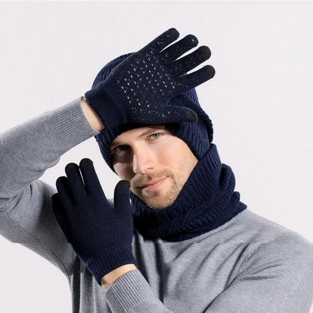 3pcs Solid Color Hat Scarf Gloves Set Warm Wool Thermal Knit Cap Thermal Protection Fleece Lined Winter Beanie Hat Outdoor