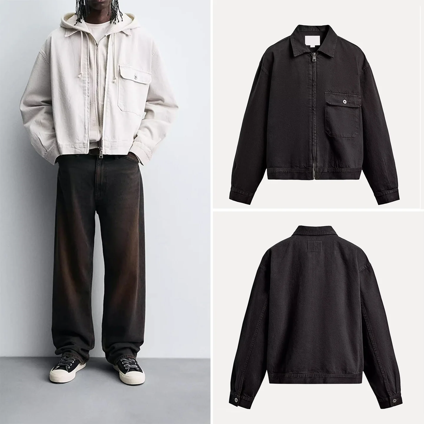 

Повседневная свободная посадка, однотонная джинсовая куртка с завышенной талией для мужчин, осень 2024, Новое поступление, брендовая молодежная повседневная одежда, застежка-молния