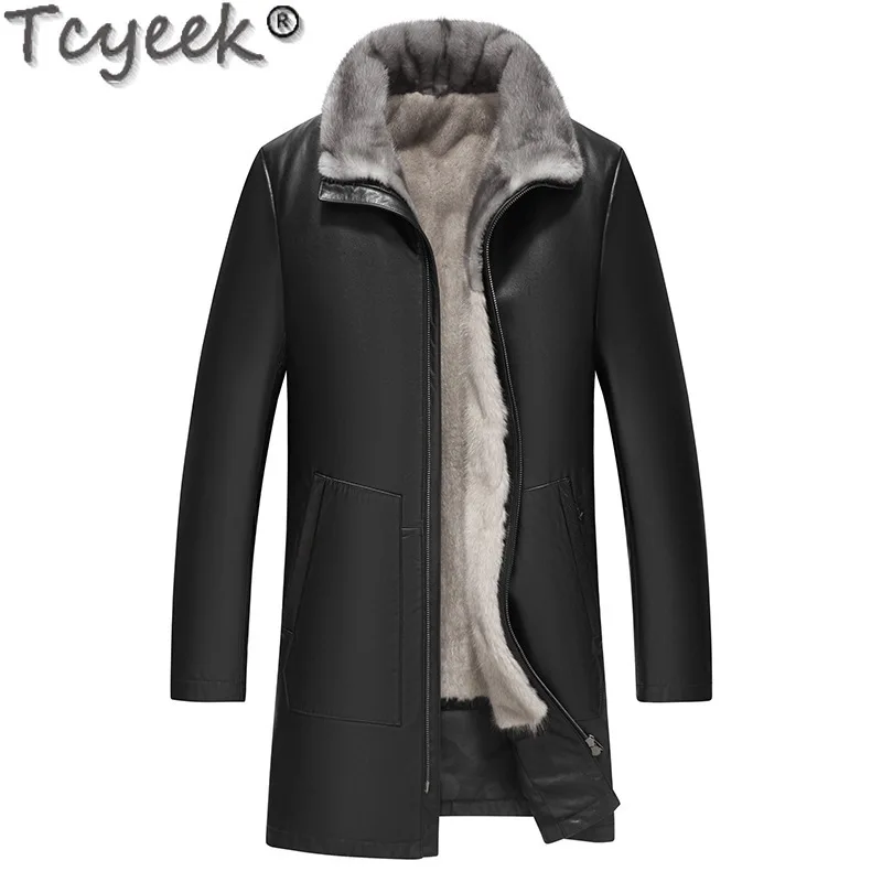 Tcyeek Cowhide Genuine Leather Man Jackets Natural Fur Coat Men Winter Clothes Sliver Blue Mink Fur Mens Coats Куртка Мужская