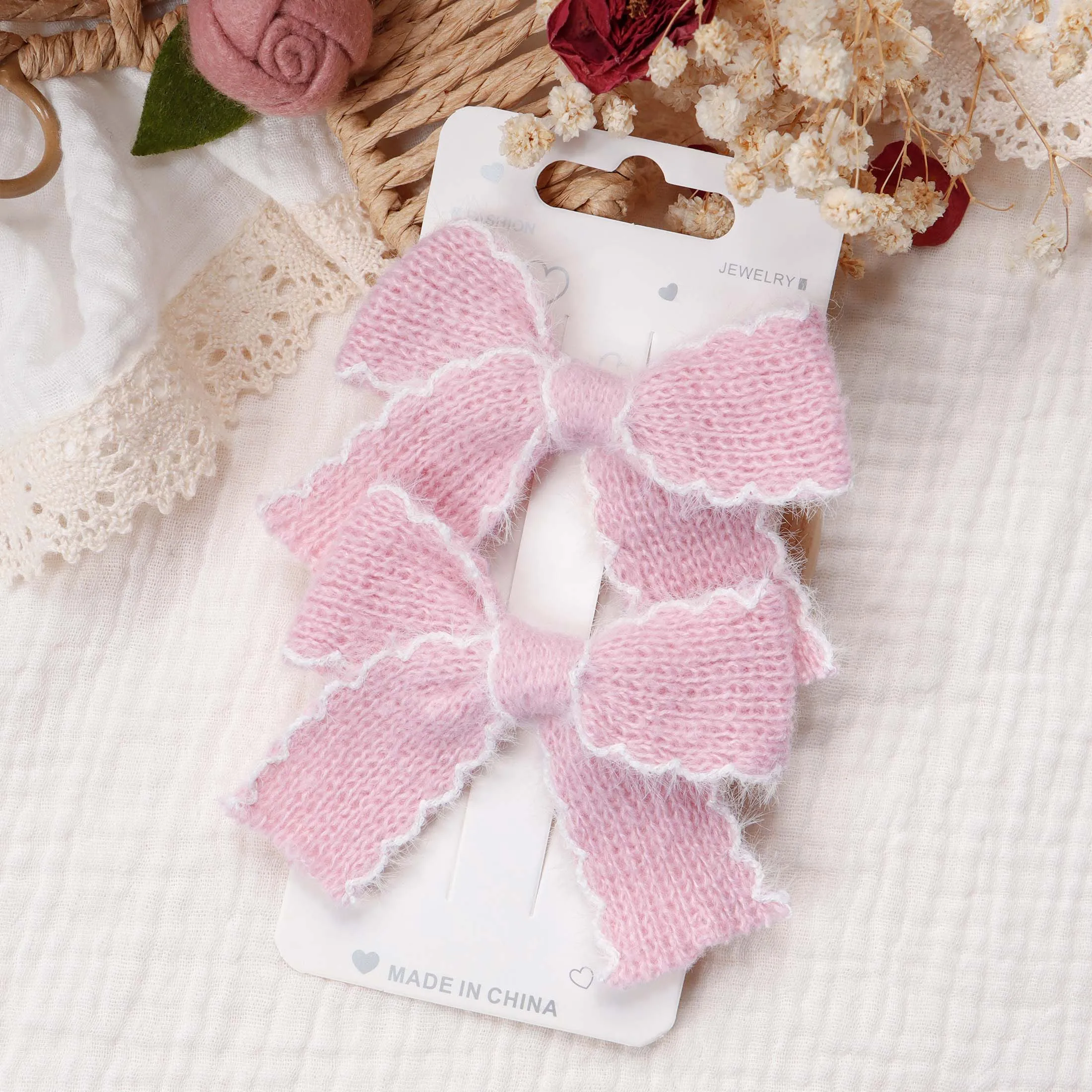 2 stücke Stricken Wolle Bogen Barrettes Gestreiften Spitze Bogen Haar Clip Für Mädchen Baby Herbst Decor Haar Zubehör Kid Party tragen Haarnadel – Detail 8
