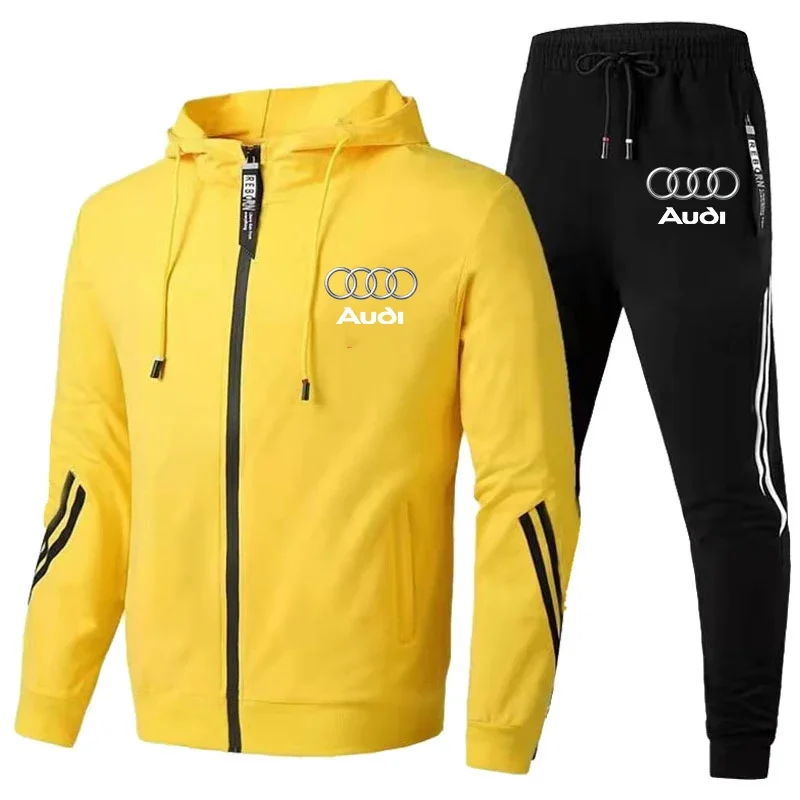 Otoño Invierno para hombre Audi Car Logo estampado chándal hombres cremallera Sudadera con capucha + Pantalones conjunto de 2 piezas Casual gimnasio Fitness jogging ropa deportiva trajes