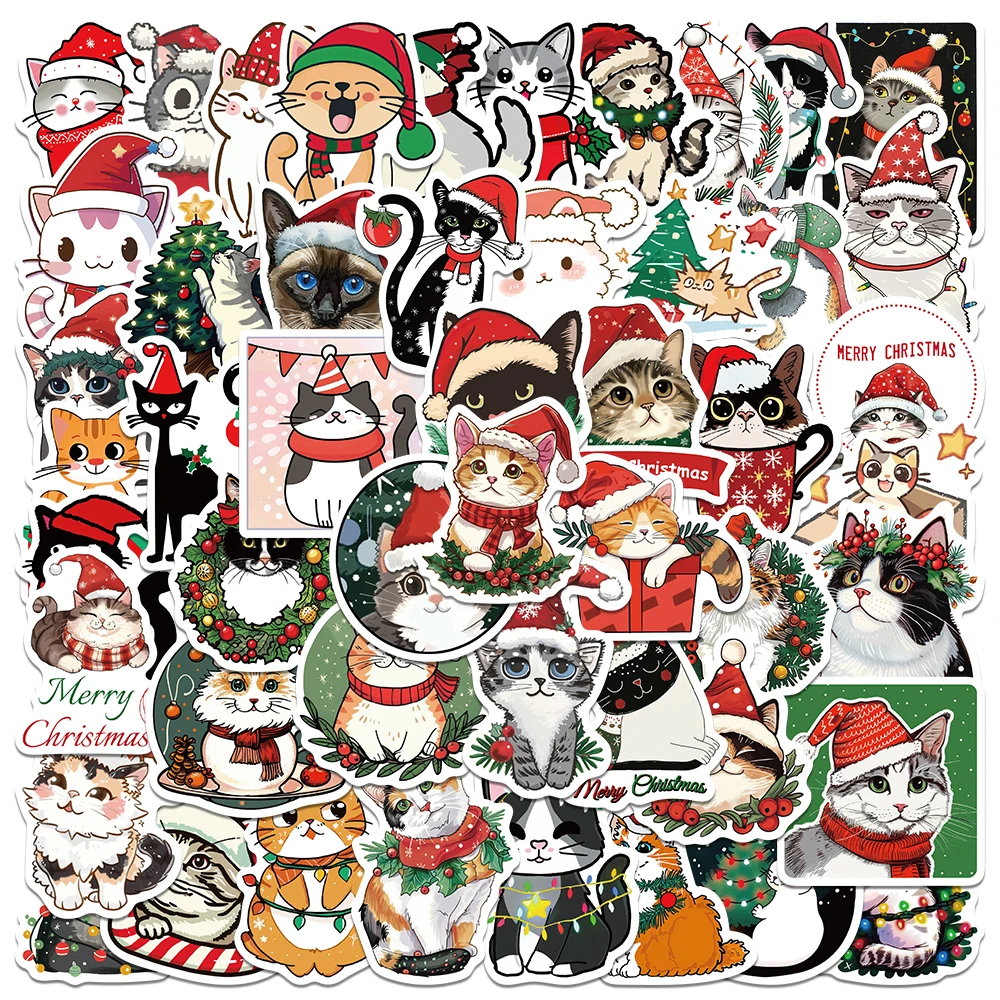 

50pcs Cute Christmas Cats Stickers Decals For Phone Laptop Suitcase Wall Scrapbook DIY Waterproof Stickers Children Toy Gifts