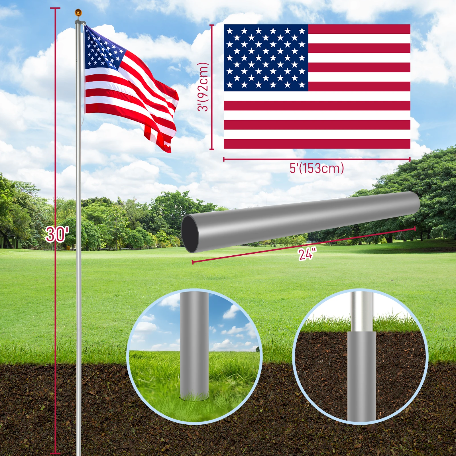 

Flag Pole Kit for Outside House in Ground, 30FT Sectional Aluminum Extra Thick Flagpole, 5x3 US Flag, Heavy Duty Flag Poles Kit