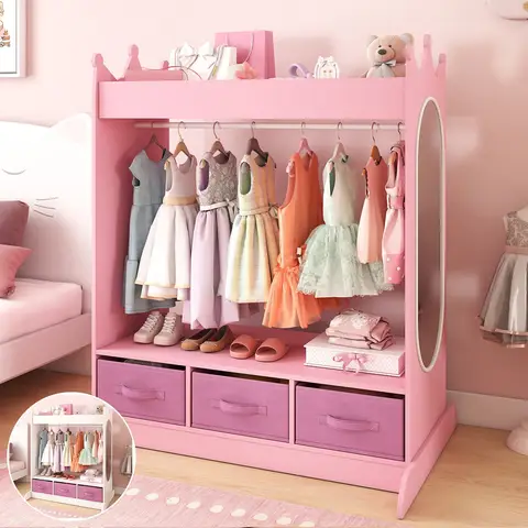 Pink/White Kids Dress Up Wardrobe Storage Closet w/Mirror Open Hanging Armoire
