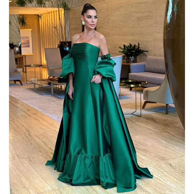 Green Elegant Strapless Evening Dress A-Line Satin Floor Length Party Prom Formal Long Red Carpet Dress For Special Occasions