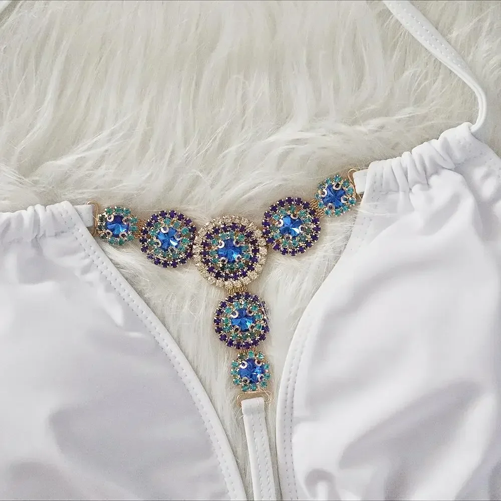 Maillot de bain sexy de style bohème pour femmes, ensemble deux pièces avec cristaux et biscuits, amissié, bikini de luxe, 2024