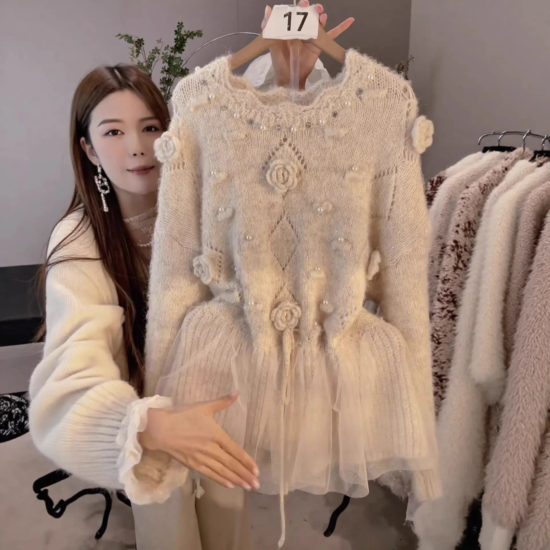 

Spring 2026 Heavy Embroidery 3D Knitted Sweater Floral Motif Net Insertion Hooded Top French Sle Loose Fit Women's Faion