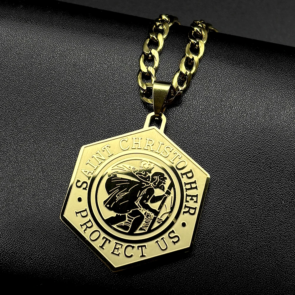 Octagonal Saint Christopher Protect Us Pendant Necklace for Women Men Stainless Steel Gold Color Christian Amulet Chain Jewelry