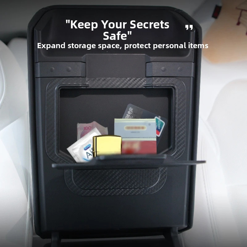 Magnetic Privacy Storage Box for Tesla Model 3/Y/YL Highland Armrest, Carbon Fiber Texture Interior Accessories