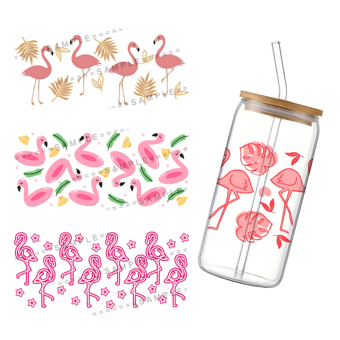 Flamingos para libre Bey 16oz Can Glass 3D Waterproof UV DTF Coffee Can Wrap, Free Bey Glass Wrap