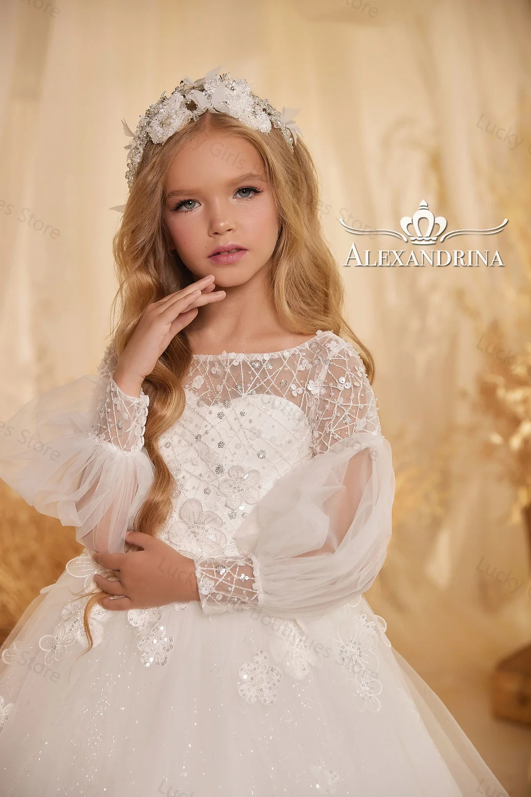 Exquisite Ivory Flower Girl Dresses Glitter Sequins Children Birthday Party Gowns Floral Appliqued Kids First Communion Dresses