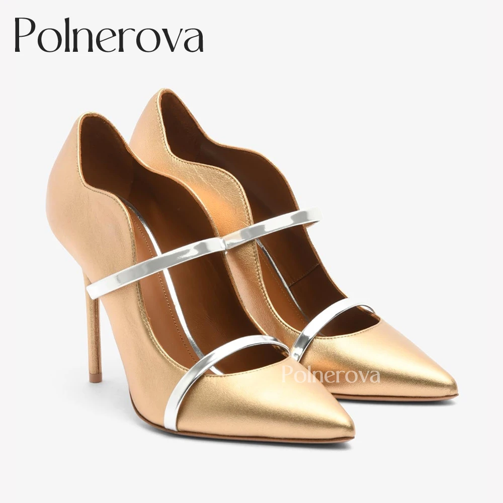 Metallic Leather Pointed Toe Stiletto Pumps Elegant Designer Style High Heels Colorblocked Fashion Shallow Women High Heel Shoes