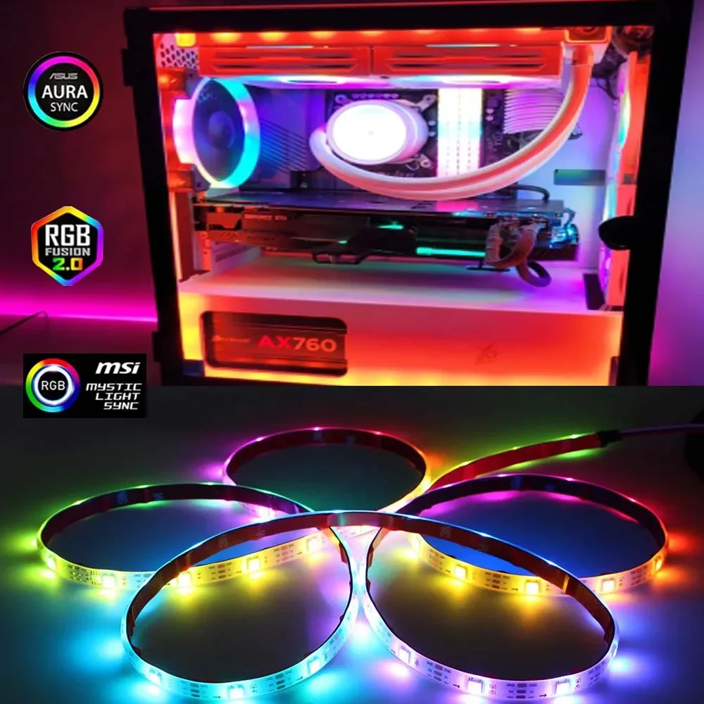 Адресная Радужная цифровая светодиодная полоса ПК, модель 5050 RGB WS2812b для 5 В, 3 контакта, 12 В, 4 контакта, ARGB, ПК Asus Aura Sync Fusion MSI