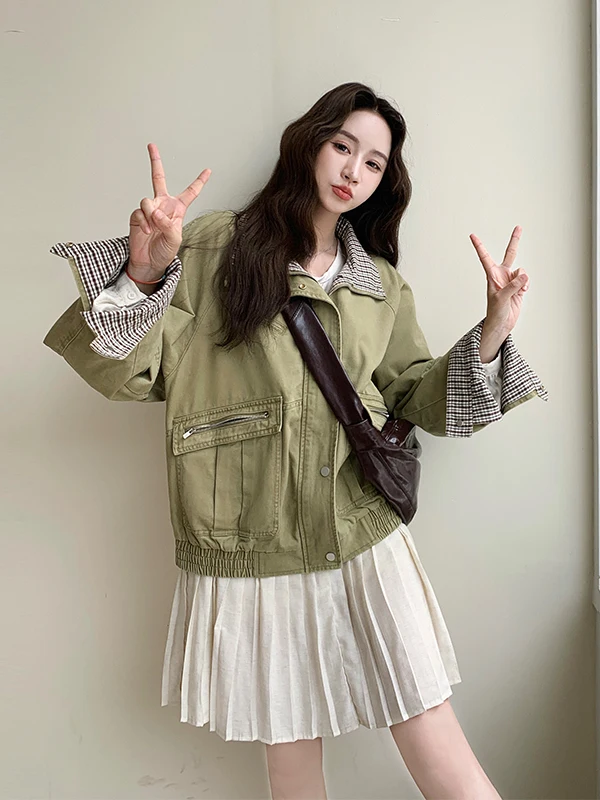 

Повседневная куртка в стиле милитари зеленого цвета с воротником-стойкой, женская короткая верхняя одежда, универсальный повседневный топ на весну и осень