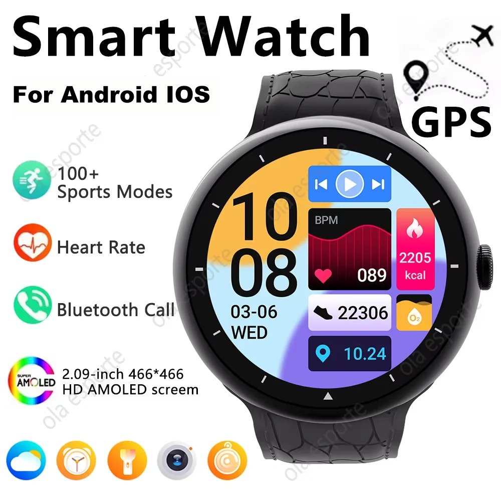 Relógio inteligente 2.09 polegadas tela amoled bluetooth chamada bússola rastreador masculino relógios esportivos monitor de saúde feminino smartwatch