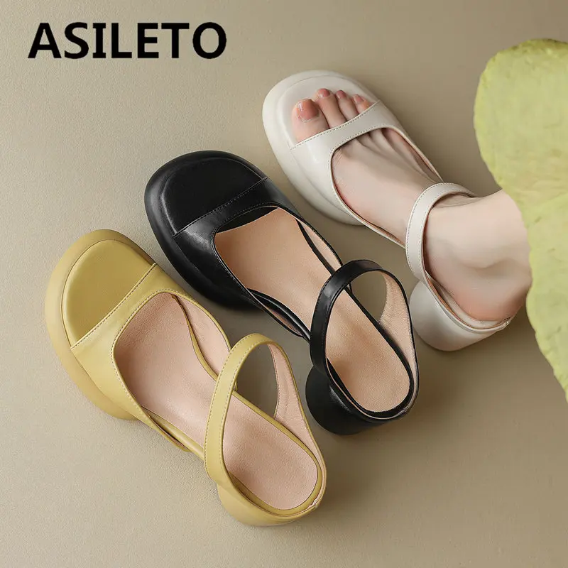 

ASILETO Women Sandals Round Toe Chunky Heels 6cm Slip On Concise Female Mules Elegant Dating Lady Shoes Big Size 40 41 42 43