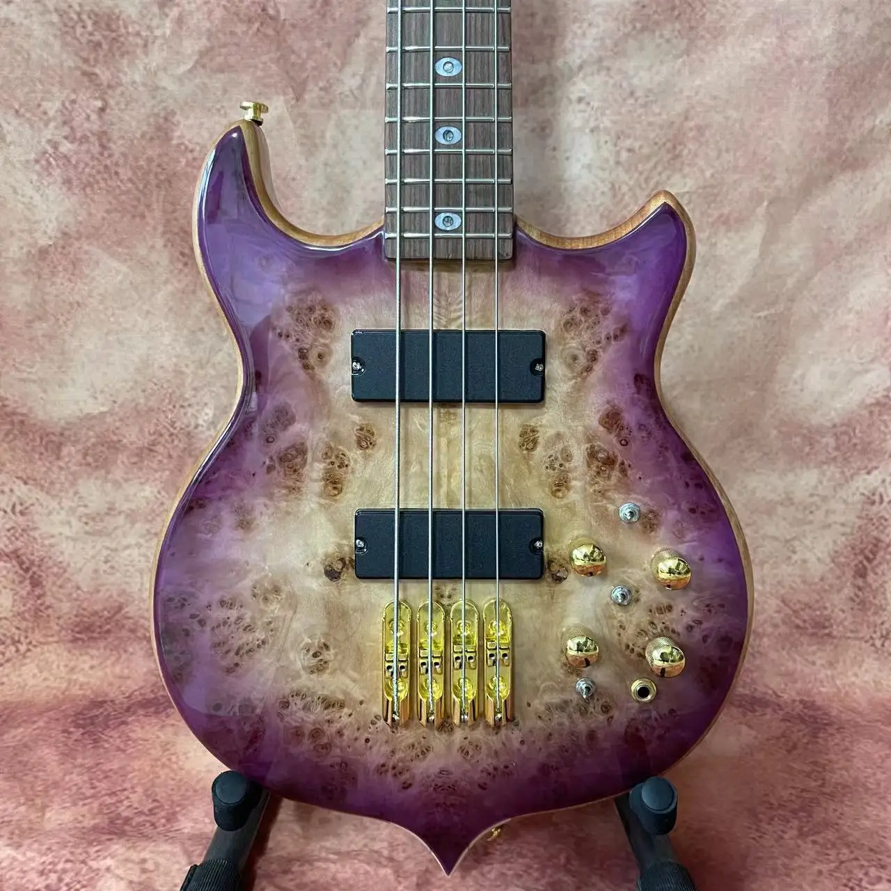 Custom Alembic Style 4 Strings Electric Bass Guitar in Full Purple Color Active Pickup Neck Thro