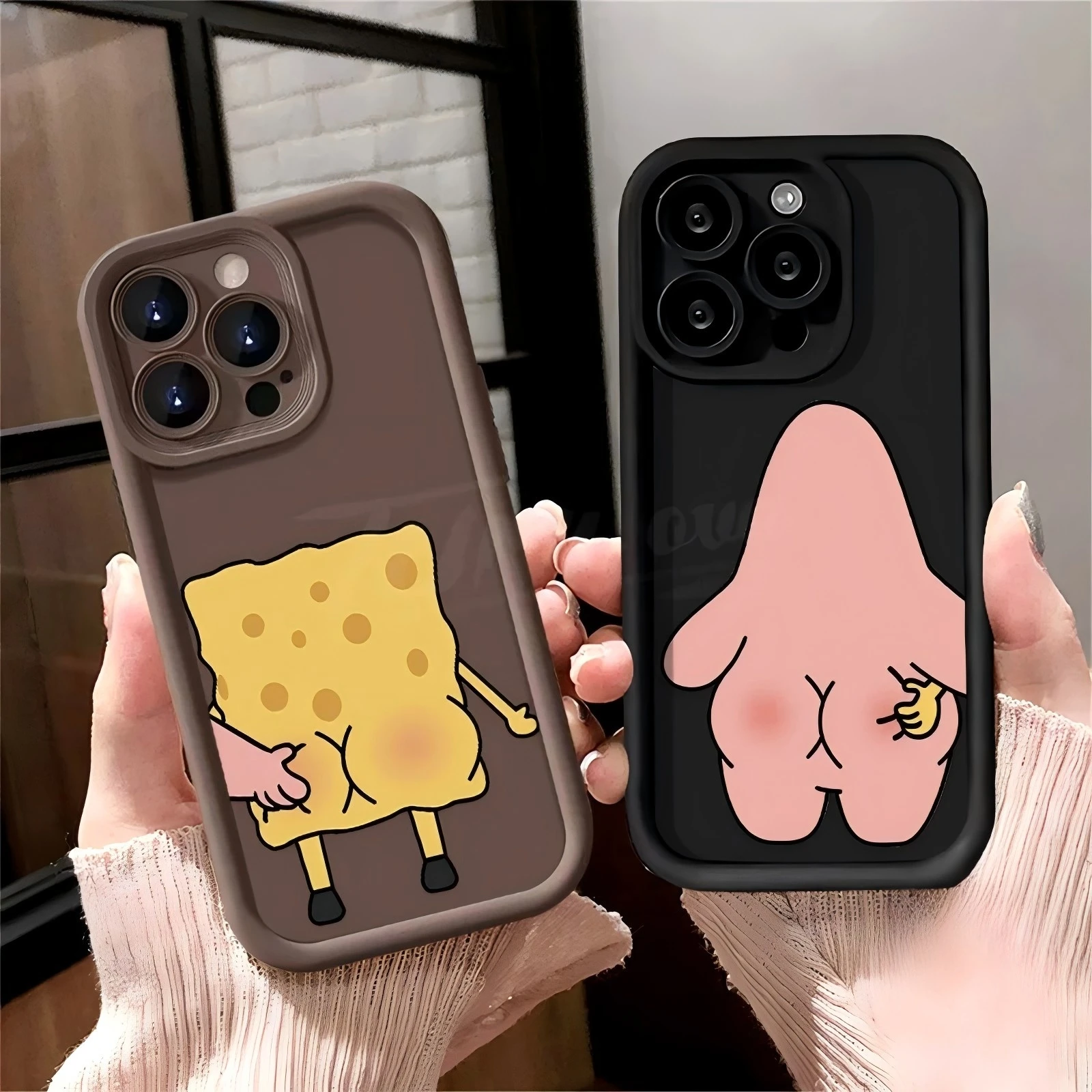 S-SpongeBobs Cute Pinch Butt Couple Phone Case for IPhone 16 15 14 13 12 11 Pro Max Mini XR XS X 7 8 Plus Soft TPU Back Cover