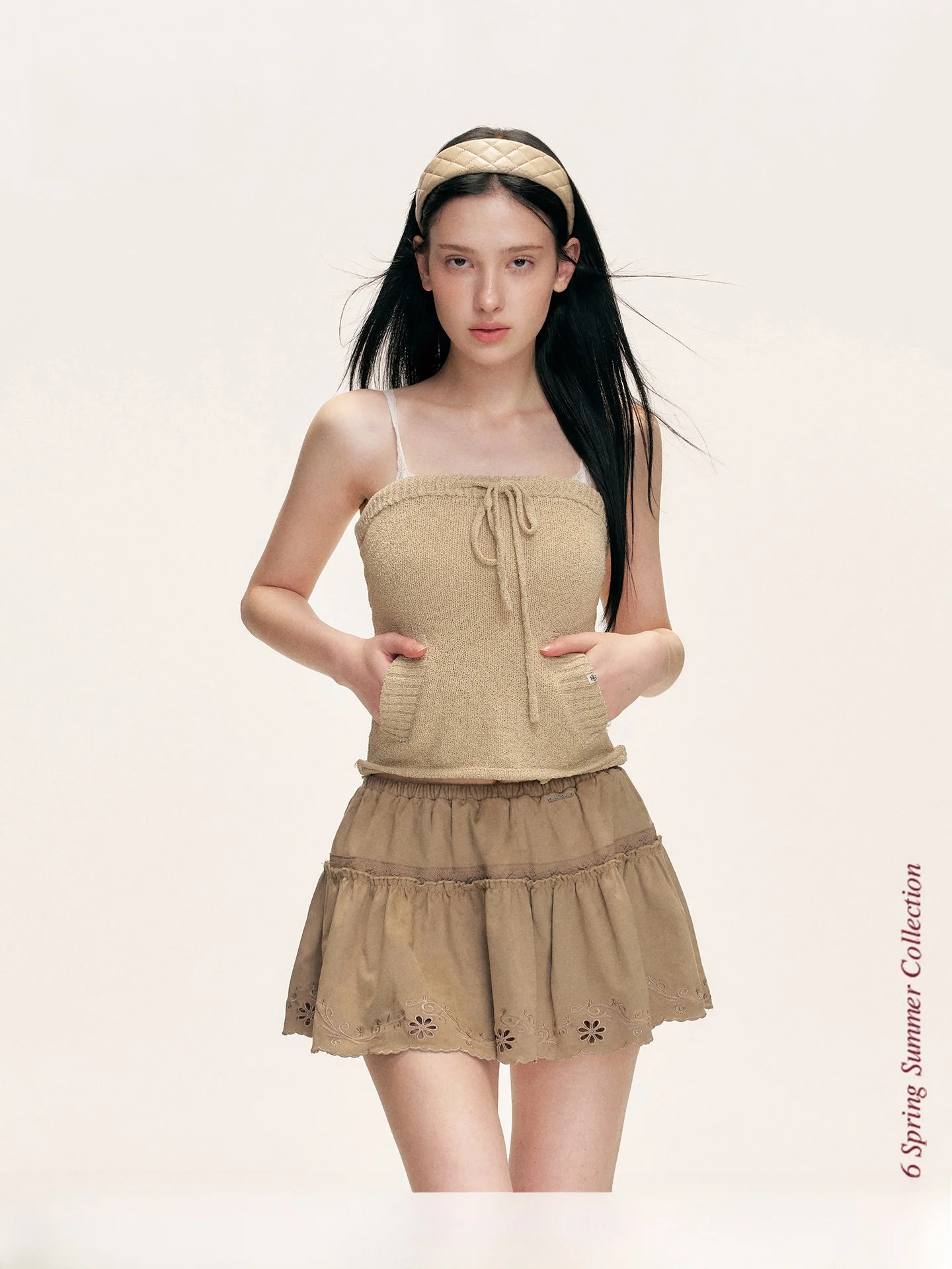 

Liilou 26ss Staycation Texture Circle Yarn Knot Drawstring Side Pocket Tube Top Vest Asymmetrical Slim Fit Short Le...