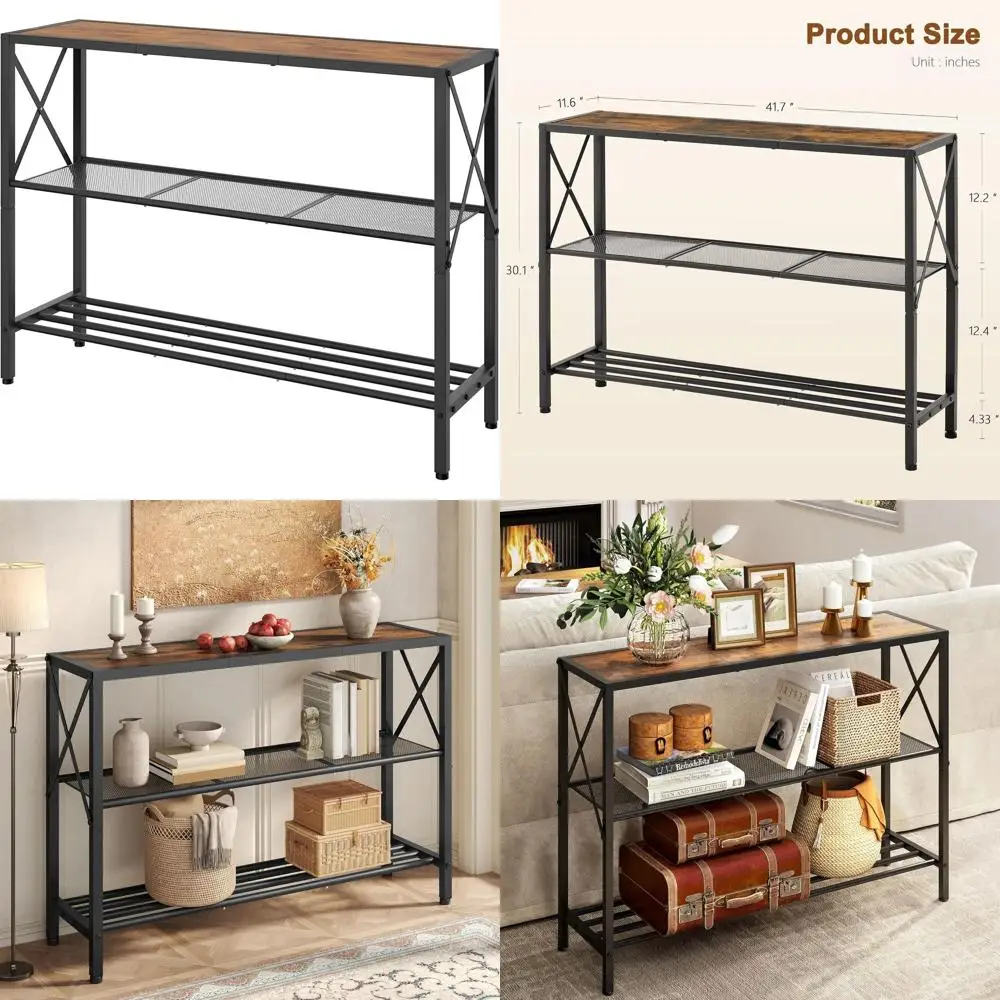

3-Tier Rustic Console Table for Entryway, Hallway, and Living Room in Brown & Black