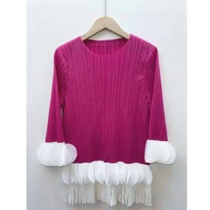 

Folded Color Blo Tassel Decoration Tee Dimensional Design Spring Outerwear T-irt Women's Faion Polyester Fiber