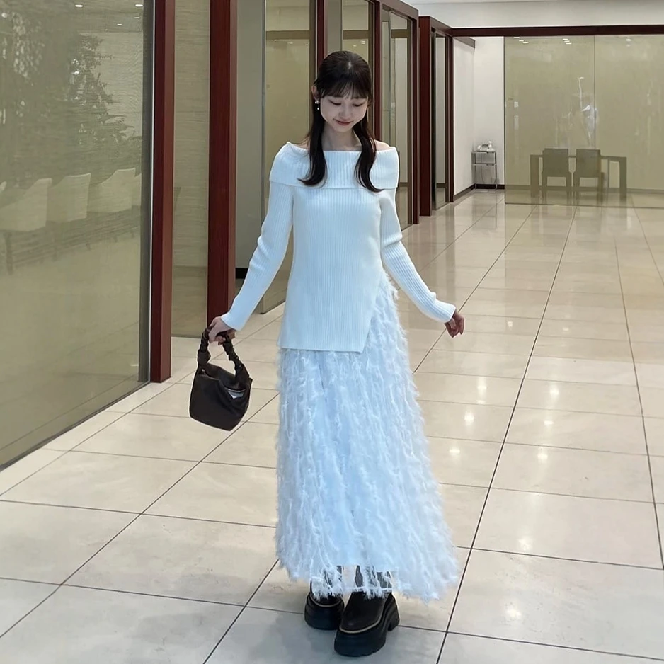 2025 Japanese Style Sweet Elegant White Feather Sling Dress Sweater 2-Piece Set Women's Slimming Elegant Princess Dress Set