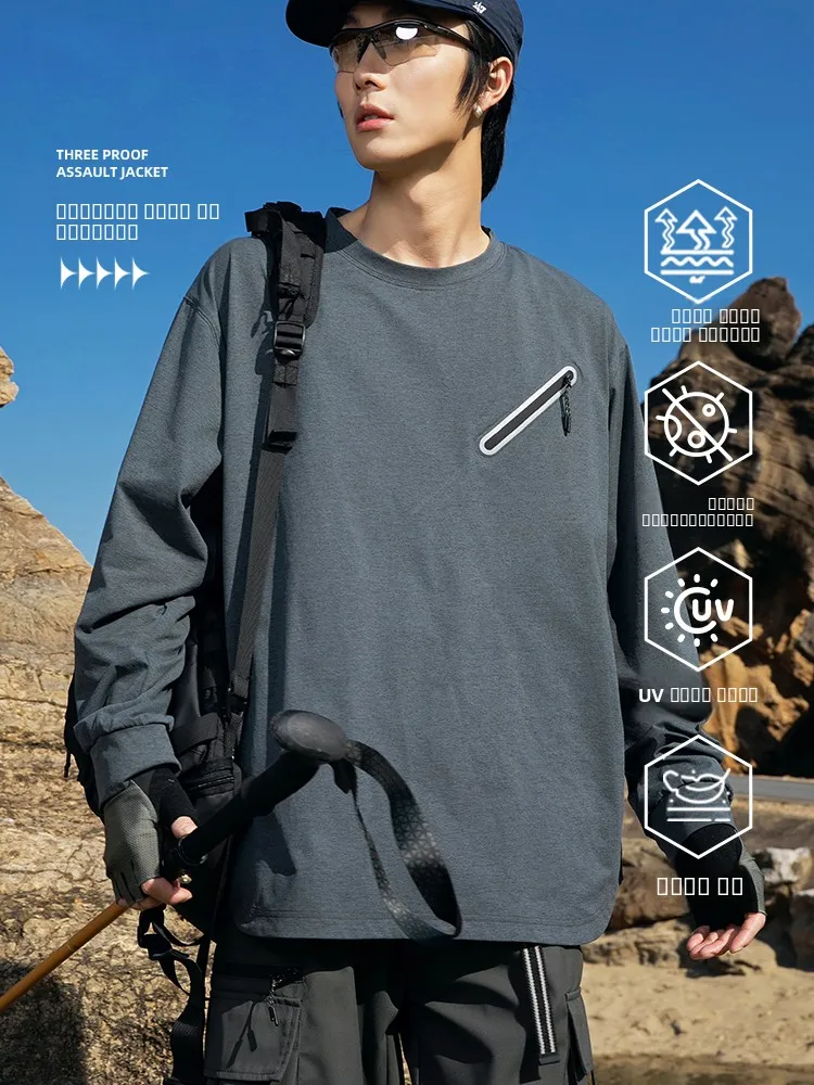 

Мужская быстросохнущая футболка с длинным рукавом для активного отдыха, круглый вырез, базовый слой, для велоспорта, свободный крой, полиэстер, весна-осень, модная