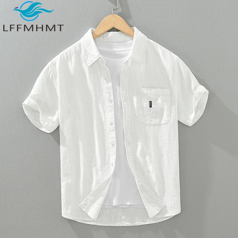 1267 Cotton Linen Fabric High Quality Summer Harajuku Shirts Men Solid Color Single Pocket Lapel Blouses Casual Loose Basic Tops