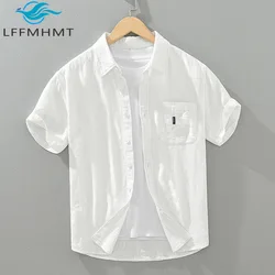 1267 Cotton Linen Fabric High Quality Summer Harajuku Shirts Men Solid Color Single Pocket Lapel Blouses Casual Loose Basic Tops