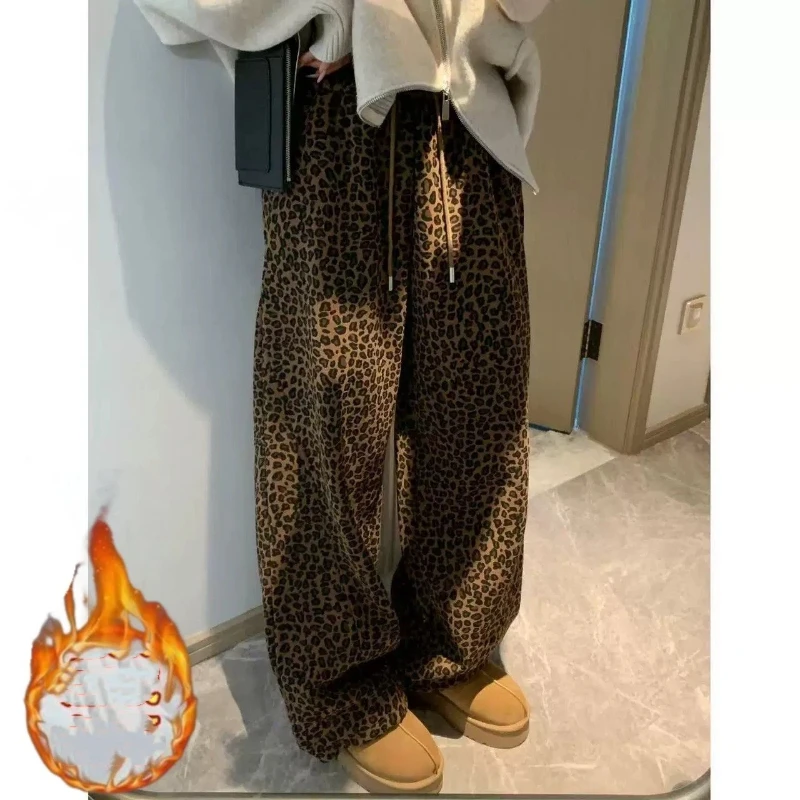 Women Autumn Winter Leopard Print Fleece Lined Sweatpants Elastic Waist Straight Wide Leg Trousers