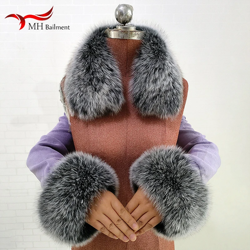 2023 New Fox Fur Square Collars Real Fur Cuffs Sets Women Winter Thick Warm Fashion Scarves Cuff Match Overcoats Accessory