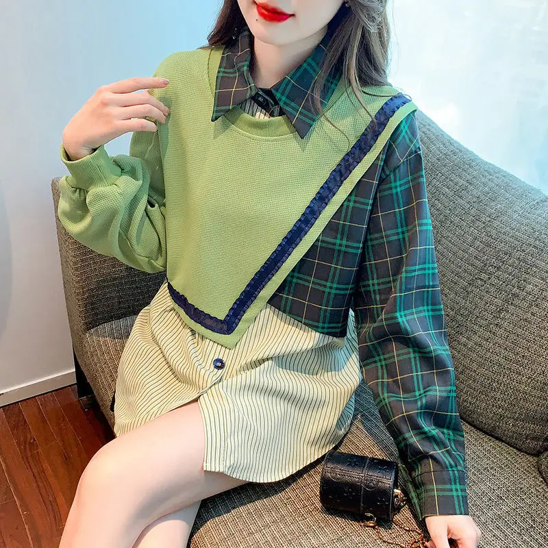 Fashion Striped Spliced Plaid Fake two pieces Shirts Female Clothing 2023 Autumn winter  Asymmetrical Tops Loose Casual Blouses